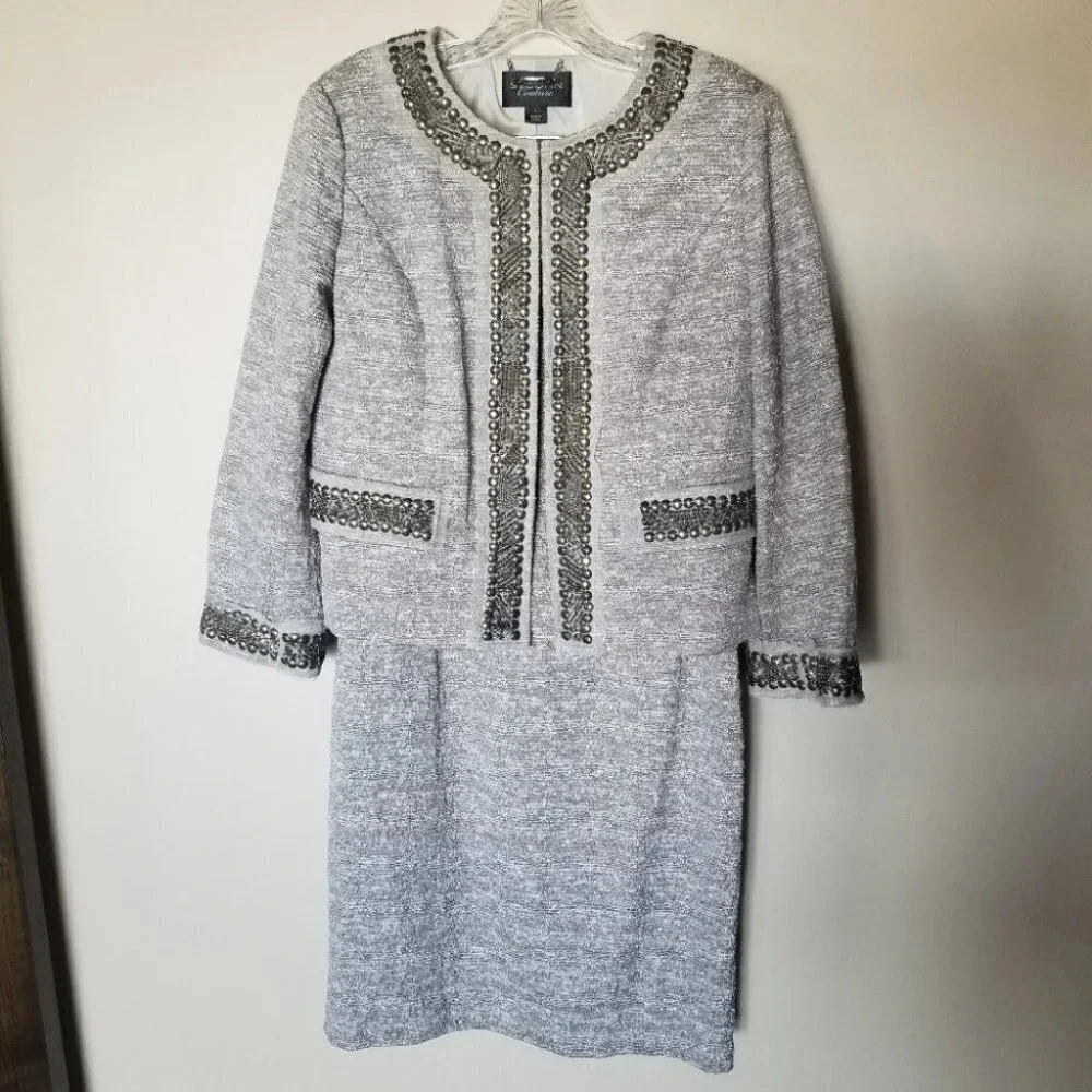 St. John Couture 8 Blazer Dress Set Embellished Metallic Grey Silver